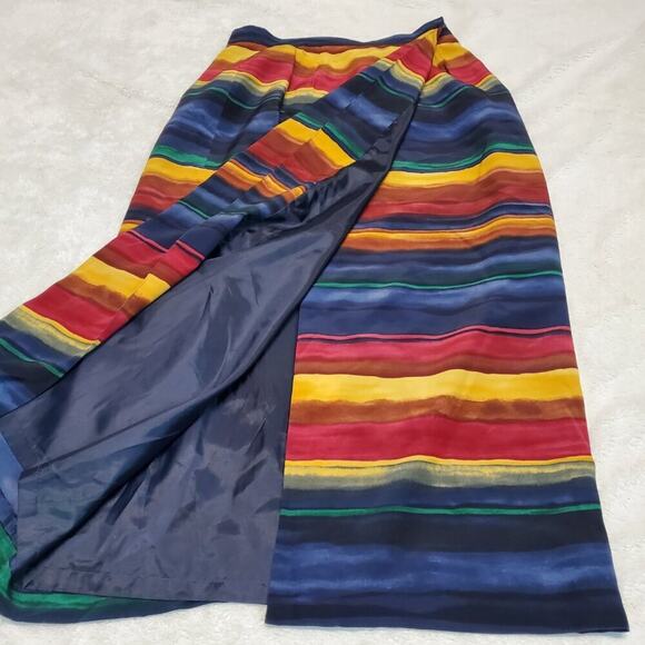 VTG Chaus Y2K Navy Blue Red Watercolor Stripe Silk Print Office Wrap Skirt 10 - Picture 2 of 7
